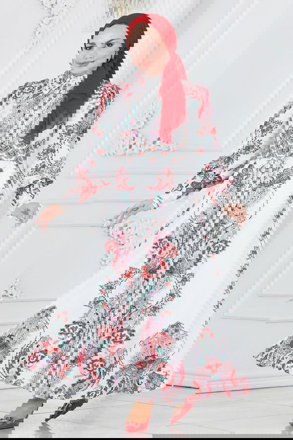 Modaselvim SEPETTE NET %20+%20 İNDİRİM Önden Düğmeli Atlas Elbise 22143JNF844 Nar Çiçeği&Ekru