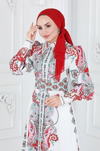 moda selvim Önden Düğmeli Atlas Elbise 22143JNF844 Nar Çiçeği&Ekru - Thumbnail