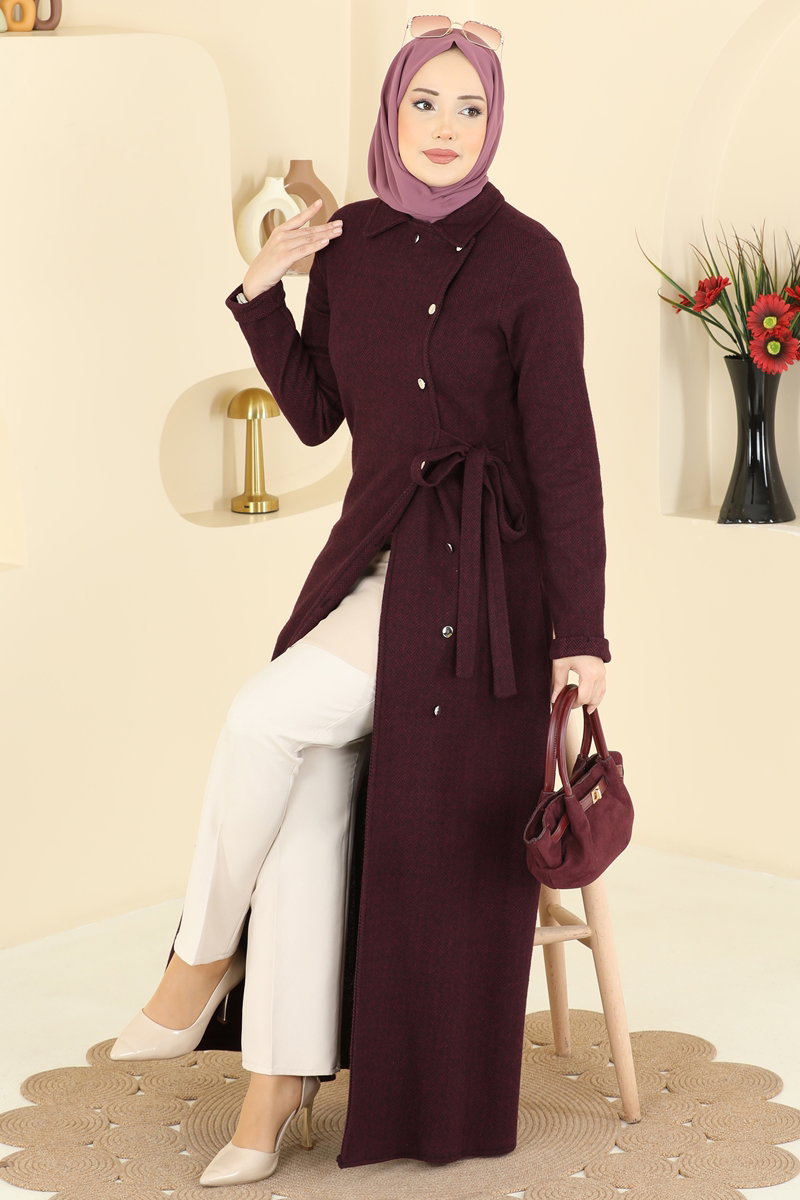 Önden Düğmeli Balıksırtı Ferace 24094UKBK1160 Bordo