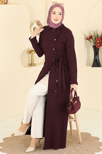moda selvim Önden Düğmeli Balıksırtı Ferace 24094UKBK1160 Bordo - Thumbnail