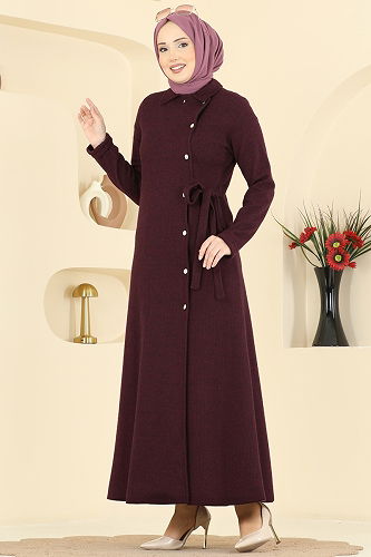 moda selvim Önden Düğmeli Balıksırtı Ferace 24094UKBK1160 Bordo - Thumbnail