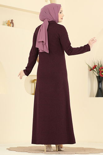 moda selvim Önden Düğmeli Balıksırtı Ferace 24094UKBK1160 Bordo - Thumbnail