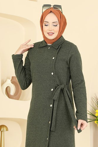 moda selvim Önden Düğmeli Balıksırtı Ferace 24094UKBK1160 Haki - Thumbnail