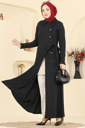 moda selvim Önden Düğmeli Balıksırtı Ferace 24094UKBK1160 Siyah - Thumbnail