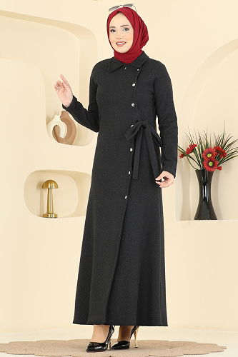 moda selvim Önden Düğmeli Balıksırtı Ferace 24094UKBK1160 Siyah - Thumbnail