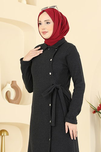 moda selvim Önden Düğmeli Balıksırtı Ferace 24094UKBK1160 Siyah - Thumbnail