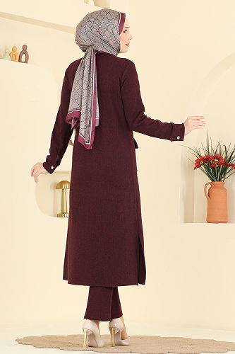 moda selvim Önden Düğmeli Balıksırtı Takım 24022UKB139 Bordo - Thumbnail