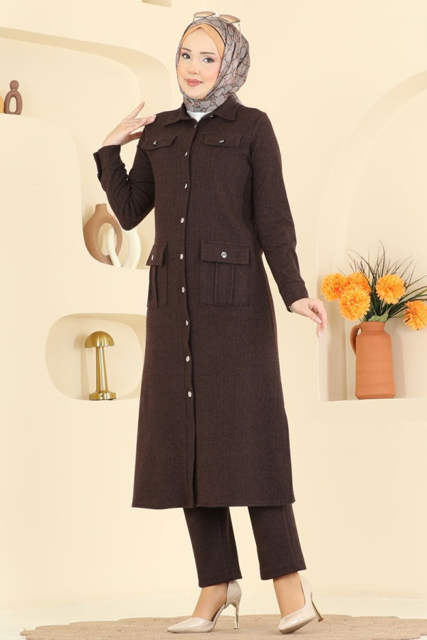 Modaselvim Kombin Önden Düğmeli Balıksırtı Takım 24022UKB139 Kahve