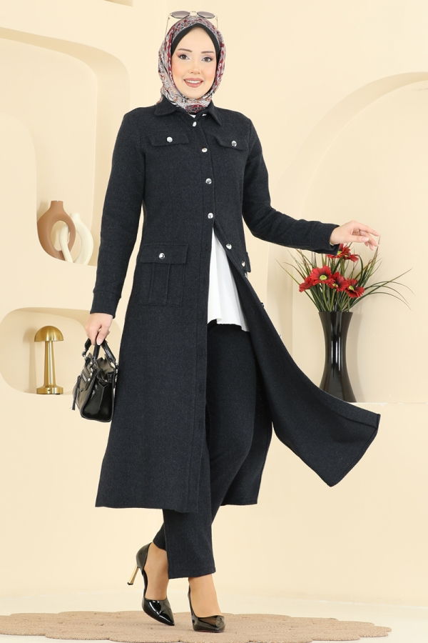 Modaselvim Kombin Önden Düğmeli Balıksırtı Takım 24022UKB139 Siyah