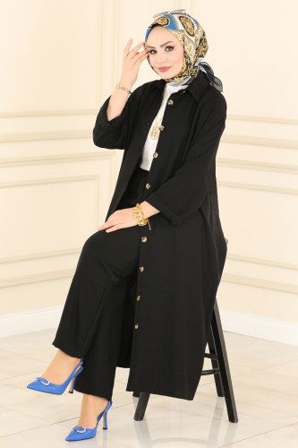 moda selvim Önden Düğmeli Basic Takım 4173AF356 Siyah - Thumbnail