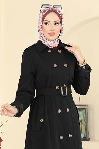 moda selvim Önden Düğmeli Bondit Trençkot 4901ORG1169 Siyah - Thumbnail