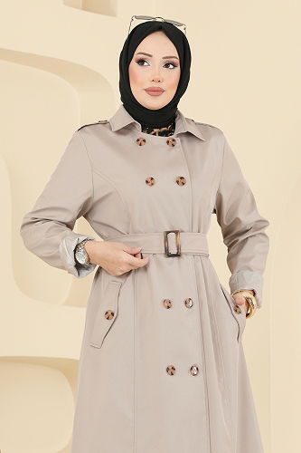 moda selvim Önden Düğmeli Bondit Trençkot 4901ORG1169 Taş - Thumbnail