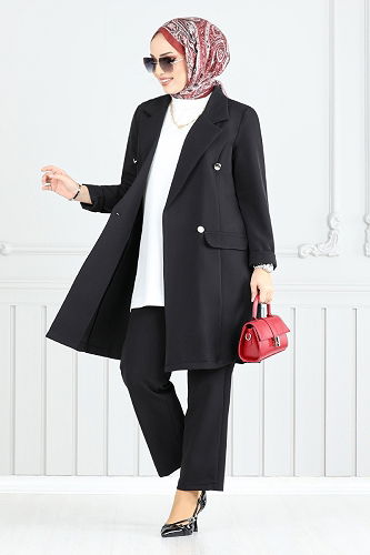 moda selvim Önden Düğmeli Ceket Takım 2626SL890-M Siyah - Thumbnail