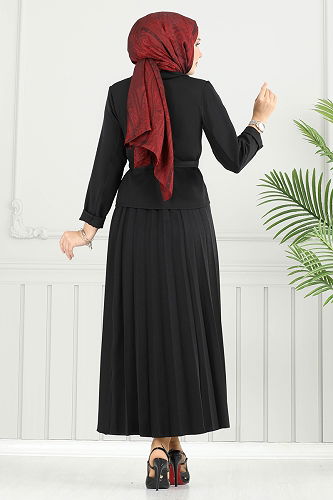 moda selvim Önden Düğmeli Ceket Takım 4702MP806 Siyah - Thumbnail