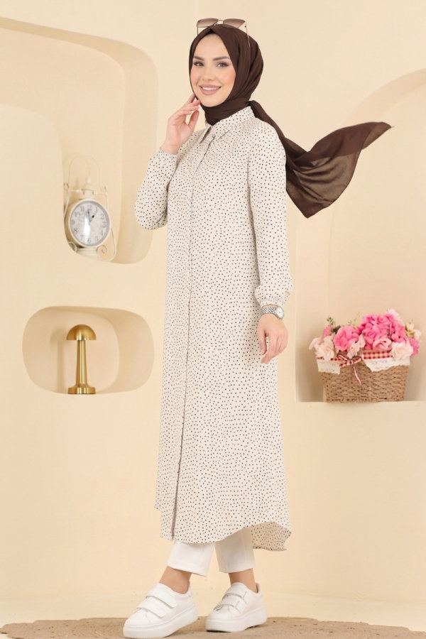 Modaselvim Tunik Önden Düğmeli Dokuma Tunik 205NZRK1200 Ekru&Siyah