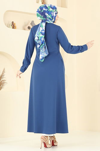 moda selvim Önden Düğmeli Elbise Ferace 23008UKB139 İndigo - Thumbnail