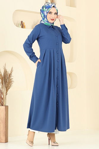 moda selvim Önden Düğmeli Elbise Ferace 23008UKB139 İndigo - Thumbnail