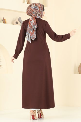 moda selvim Önden Düğmeli Elbise Ferace 23008UKB139 Kahve - Thumbnail