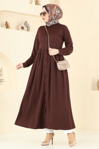 moda selvim Önden Düğmeli Elbise Ferace 23008UKB139 Kahve - Thumbnail
