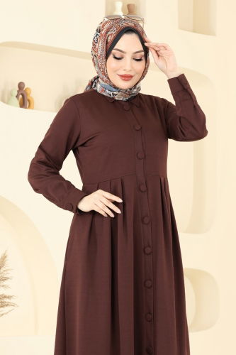 moda selvim Önden Düğmeli Elbise Ferace 23008UKB139 Kahve - Thumbnail
