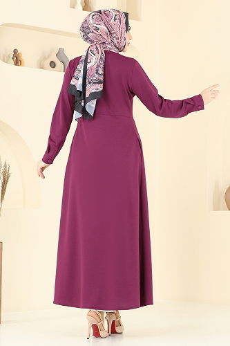 moda selvim Önden Düğmeli Elbise Ferace 23008UKB139 Mürdüm - Thumbnail