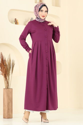 moda selvim Önden Düğmeli Elbise Ferace 23008UKB139 Mürdüm - Thumbnail