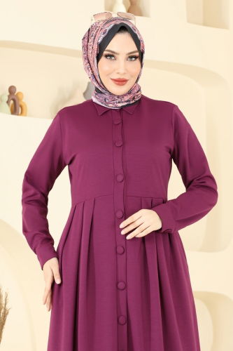 moda selvim Önden Düğmeli Elbise Ferace 23008UKB139 Mürdüm - Thumbnail