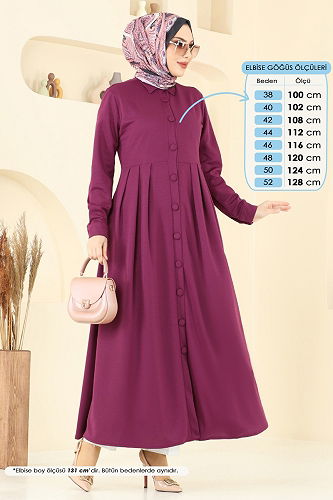 moda selvim Önden Düğmeli Elbise Ferace 23008UKB139 Mürdüm - Thumbnail