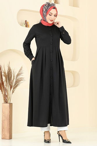 moda selvim Önden Düğmeli Elbise Ferace 23008UKB139 Siyah - Thumbnail