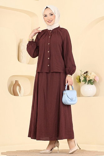 moda selvim Önden Düğmeli Etekli 2 li Takım 009ZMRK1203 Koyu Kiremit - Thumbnail