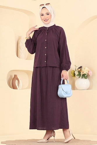 moda selvim Önden Düğmeli Etekli 2 li Takım 009ZMRK1203 Mürdüm - Thumbnail