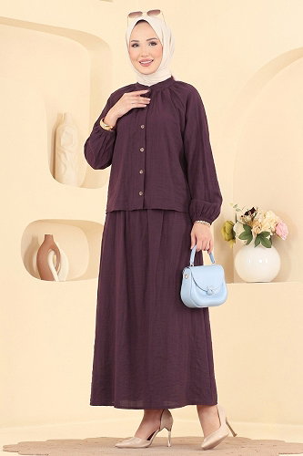 moda selvim Önden Düğmeli Etekli 2 li Takım 009ZMRK1203 Mürdüm - Thumbnail