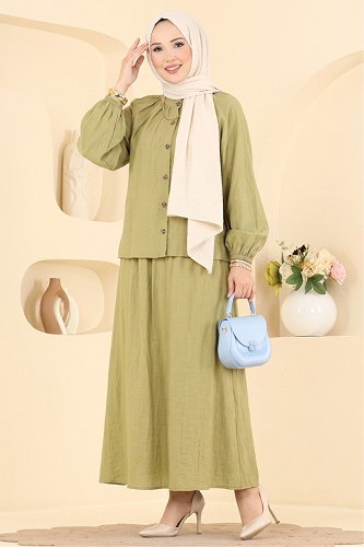 moda selvim Önden Düğmeli Etekli 2 li Takım 009ZMRK1203 Yağ Yeşili - Thumbnail