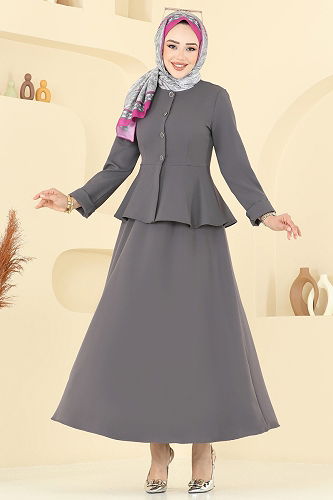 moda selvim Önden Düğmeli Etekli Takım 2677SL432 Antrasit - Thumbnail