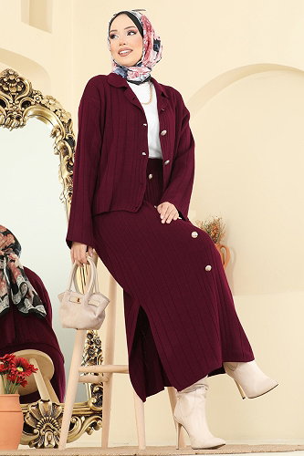moda selvim Önden Düğmeli Etekli Takım 2757AYD574 Bordo - Thumbnail