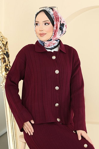 moda selvim Önden Düğmeli Etekli Takım 2757AYD574 Bordo - Thumbnail