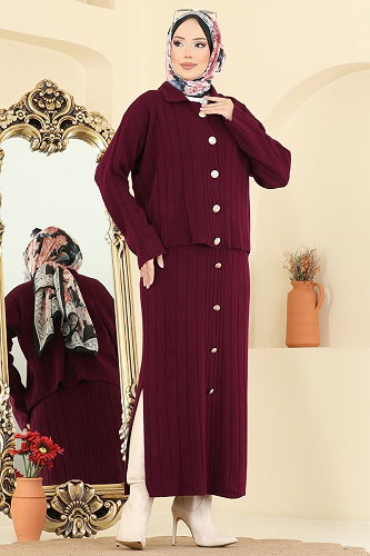 moda selvim Önden Düğmeli Etekli Takım 2757AYD574 Bordo - Thumbnail