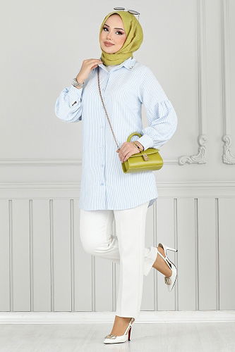 moda selvim Önden Düğmeli Gömlek 3093HBS932-M Mavi - Thumbnail