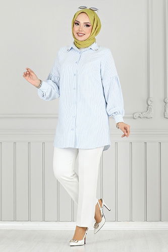 moda selvim Önden Düğmeli Gömlek 3093HBS932-M Mavi - Thumbnail