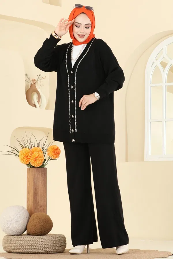 Modaselvim Kombin Önden Düğmeli Hırkalı Takım 25302BRZ597 Siyah