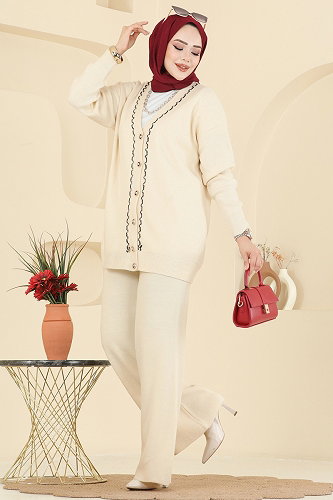 moda selvim Önden Düğmeli Hırkalı Takım 25302BRZ597 Taş - Thumbnail