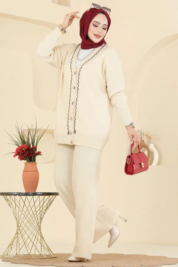 Modaselvim Kombin Önden Düğmeli Hırkalı Takım 25302BRZ597 Taş