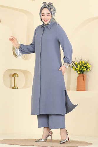 moda selvim Önden Düğmeli İkili Takım 3031SMD1186 Gri - Thumbnail