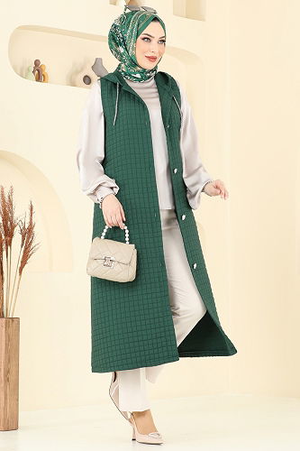 moda selvim Önden Düğmeli Kapitone Yelek 1975TRT545 Zümrüt - Thumbnail