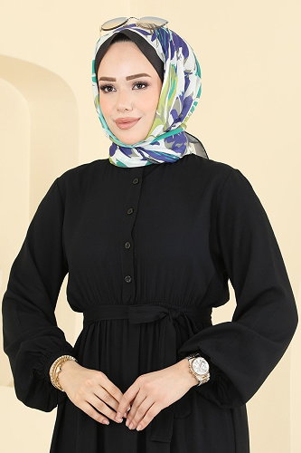 moda selvim Önden Düğmeli Kemerli Elbise 125NZRK1200 Siyah - Thumbnail