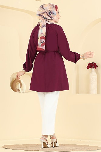 moda selvim Önden Düğmeli Kemerli Tunik 2932SLK540 Bordo - Thumbnail