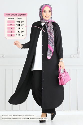 moda selvim Önden Düğmeli Keten Takım 808OZN1046 Siyah - Thumbnail