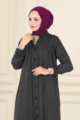 moda selvim Önden Düğmeli Kışlık Kap 1024BRZ597 Antrasit - Thumbnail