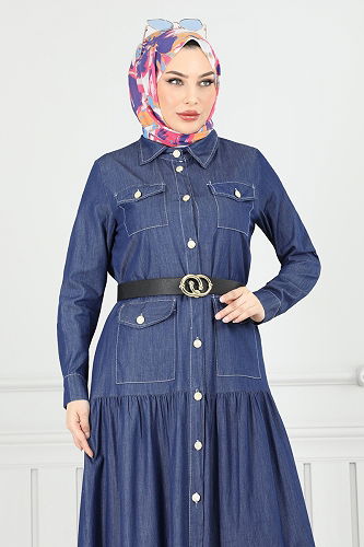 moda selvim Önden Düğmeli Kot Elbise 0332MSA980 Koyu Kot - Thumbnail