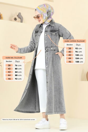 moda selvim Önden Düğmeli Kot Elbise 3020MDH809 Yıkamalı Gri - Thumbnail